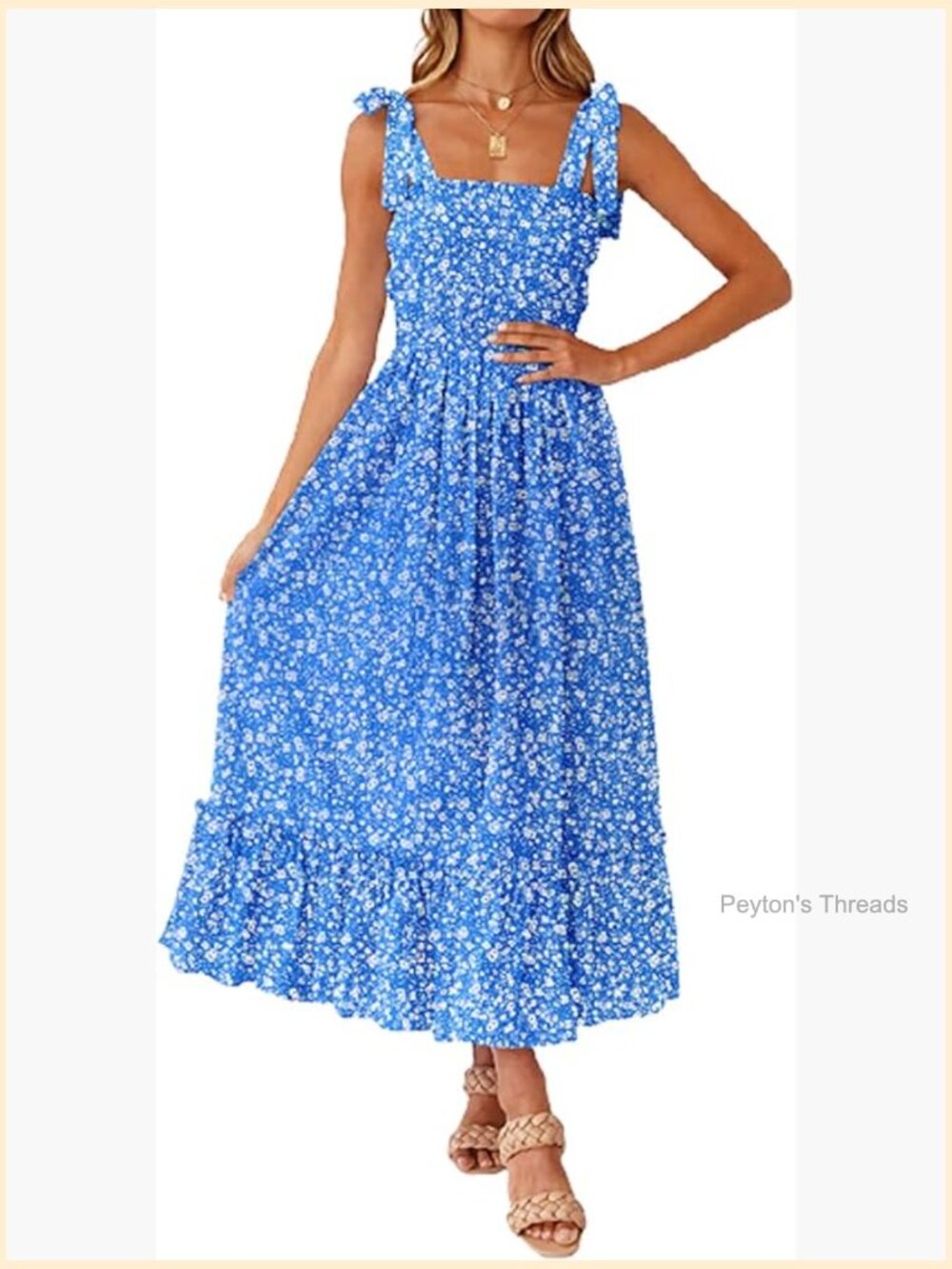 Boho Flowy Ruffle Maxi Dress Spaghetti Strap Square Neck